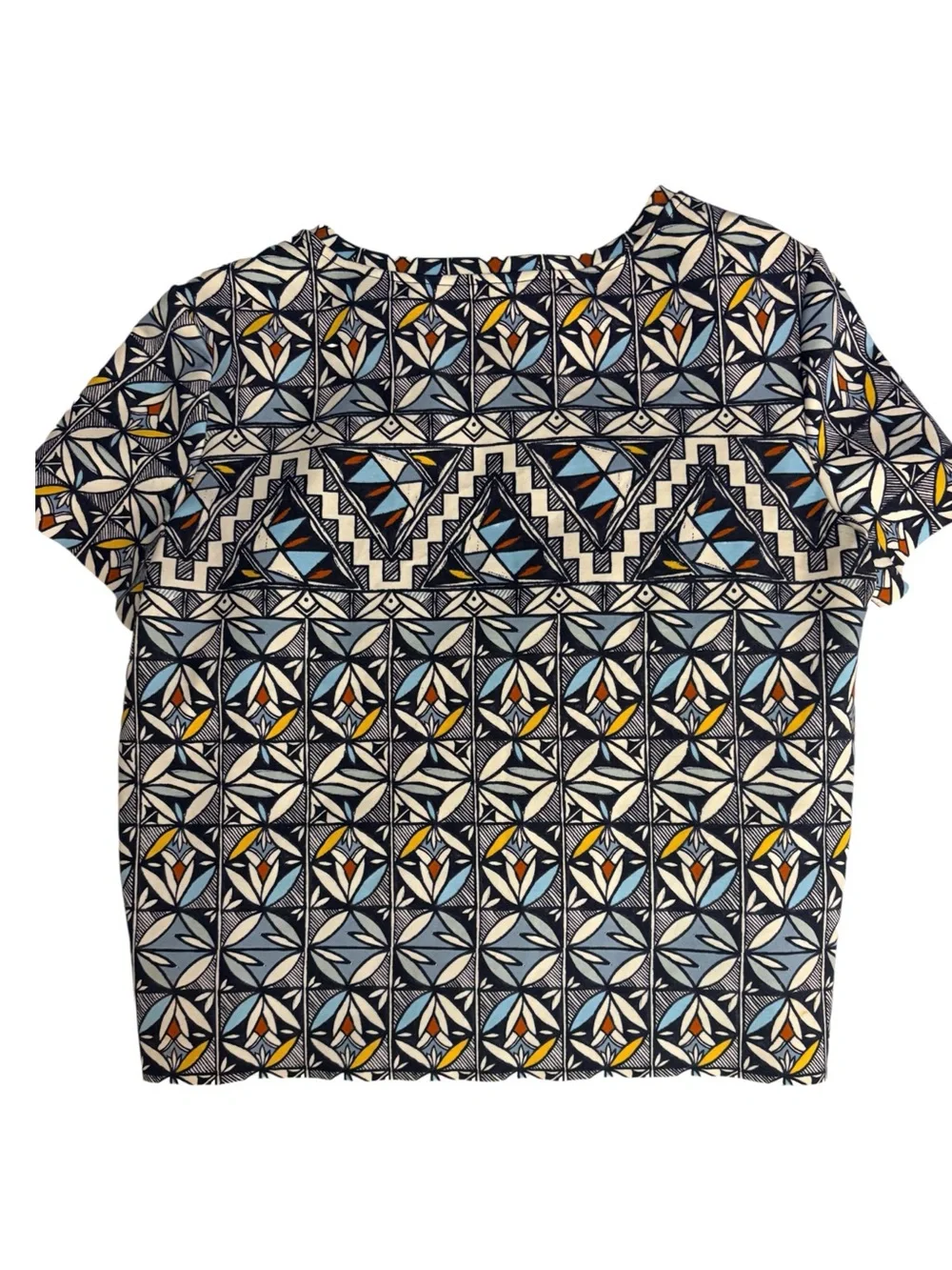 Tory Burch Geometric Print Short Sleeve Top Size M Navy Blue Orange